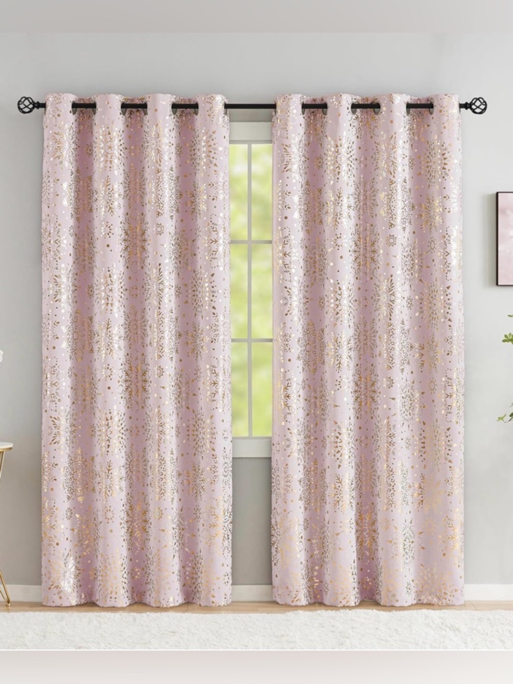 Treatmentex Gold Pink Full Blackout Metallic Floral Curtain Drapes Grommet Top